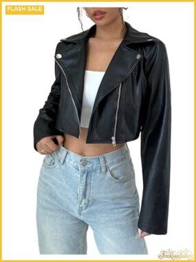PU Leather Cropped Moto Jacket Long Sleeve Zip Up Rave Outfit
